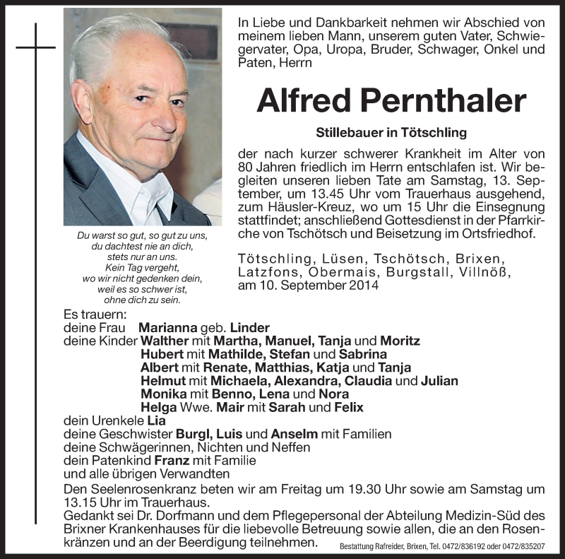  Traueranzeige für Alfred Pernthaler vom 12.09.2014 aus Dolomiten