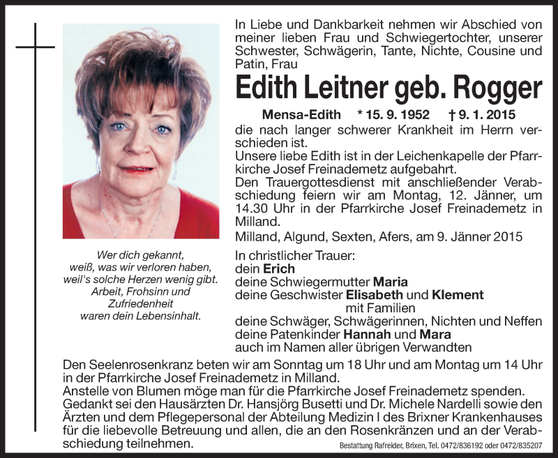  Traueranzeige für Edith Leitner vom 10.01.2015 aus Dolomiten