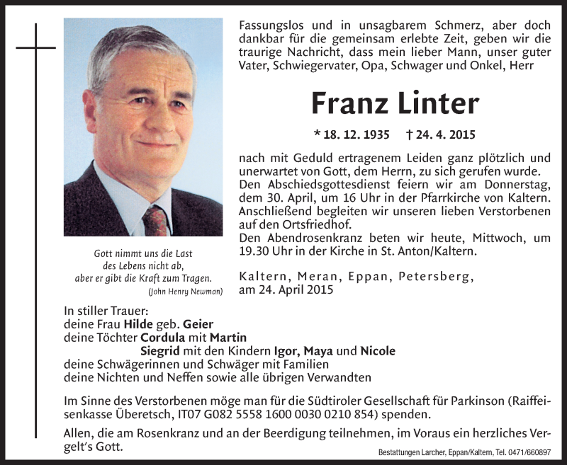  Traueranzeige für Franz Linter vom 29.04.2015 aus Dolomiten