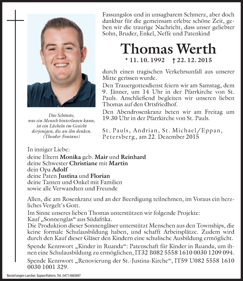  Traueranzeige für Thomas Werth vom 08.01.2016 aus Dolomiten