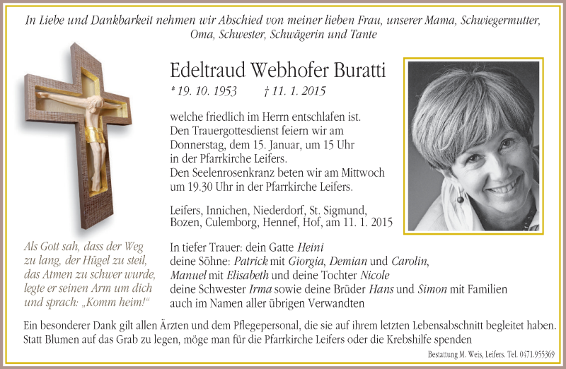  Traueranzeige für Edeltraud Buratti vom 13.01.2015 aus Dolomiten
