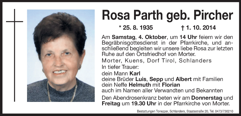 Traueranzeige für Rosa Parth vom 02.10.2014 aus Dolomiten