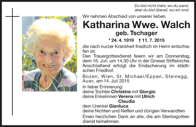  Traueranzeige für Katharina Walch vom 14.07.2015 aus Dolomiten