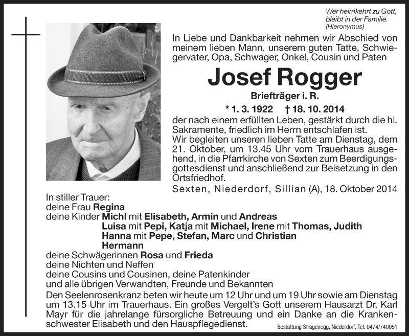  Traueranzeige für Josef Rogger vom 20.10.2014 aus Dolomiten