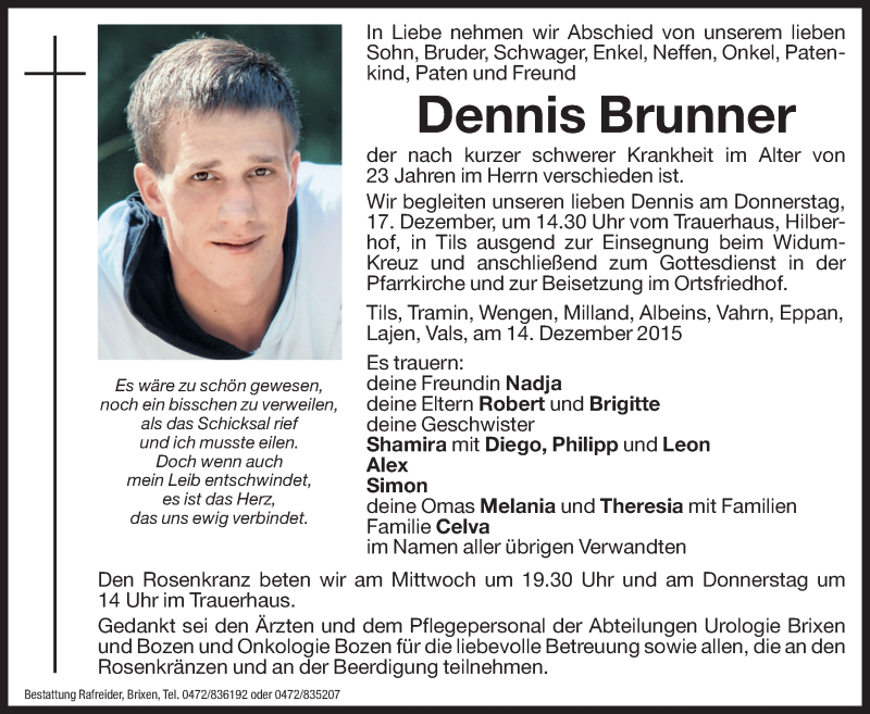  Traueranzeige für Dennis Brunner vom 16.12.2015 aus Dolomiten
