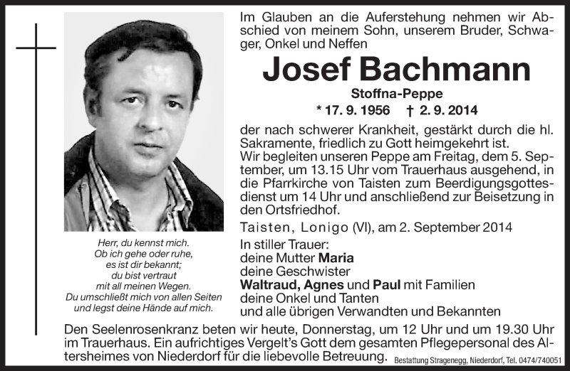  Traueranzeige für Josef Bachmann vom 03.09.2014 aus Dolomiten