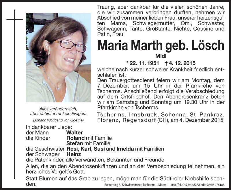 Traueranzeige für Maria Marth vom 05.12.2015 aus Dolomiten