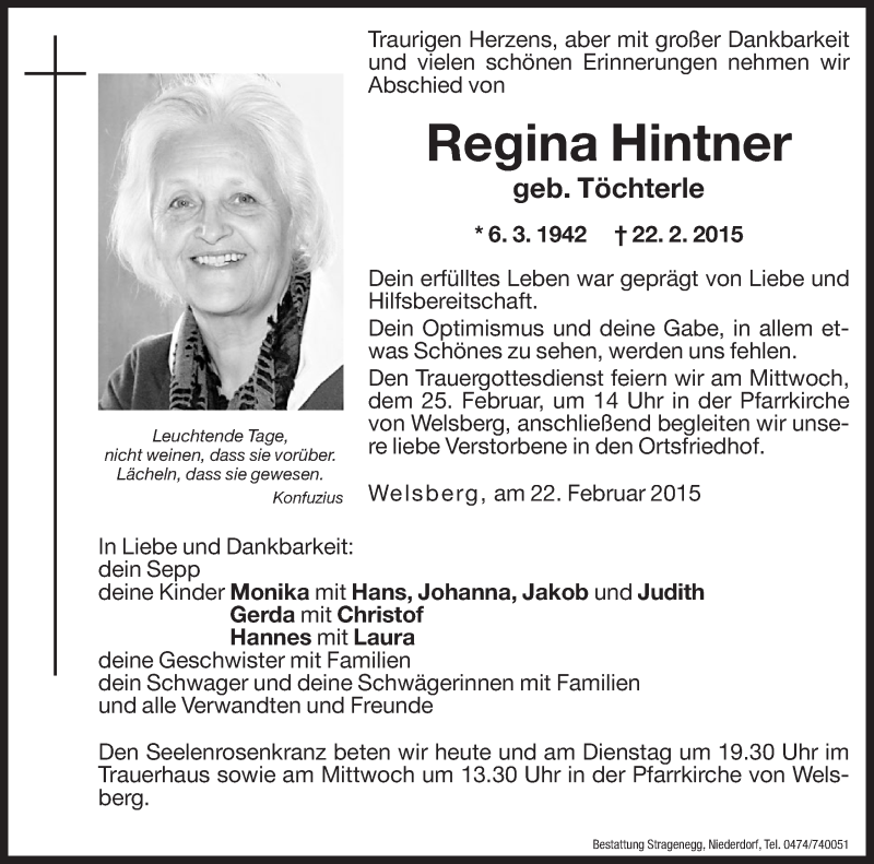  Traueranzeige für Regina Hintner vom 23.02.2015 aus Dolomiten