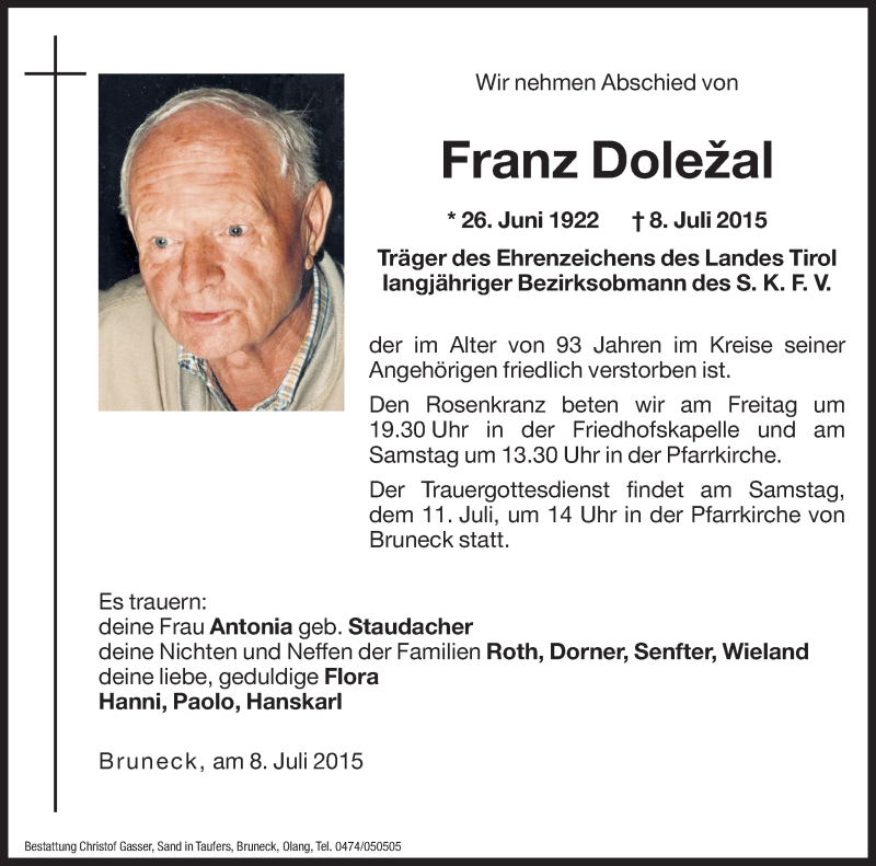  Traueranzeige für Franz Dolezal vom 10.07.2015 aus Dolomiten