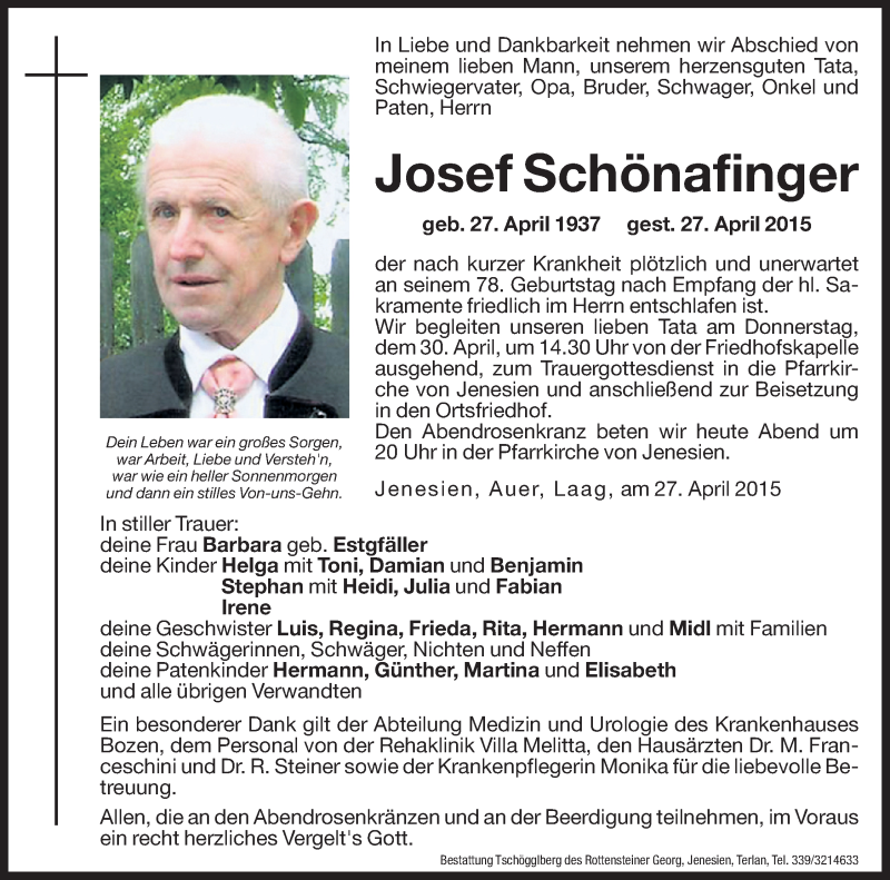  Traueranzeige für Josef Schönafinger vom 29.04.2015 aus Dolomiten