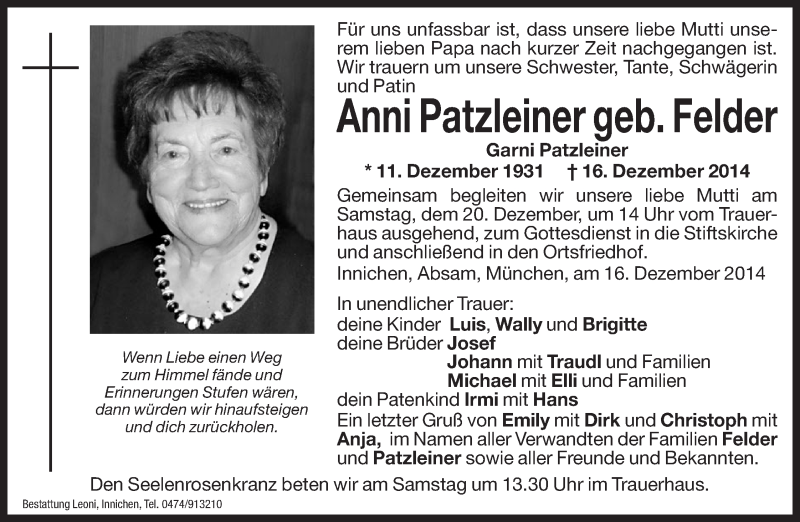  Traueranzeige für Anni Patzleiner vom 20.12.2014 aus Dolomiten