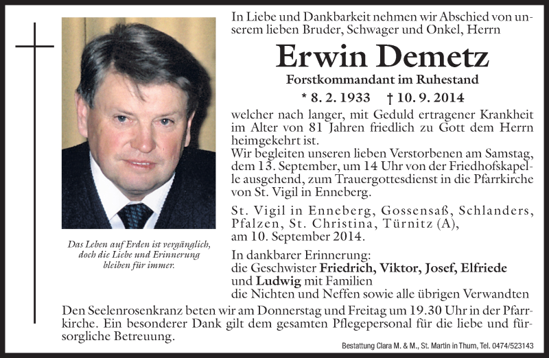  Traueranzeige für Erwin Demetz vom 11.09.2014 aus Dolomiten