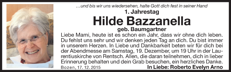  Traueranzeige für Hilde Bazzanella vom 17.12.2015 aus Dolomiten