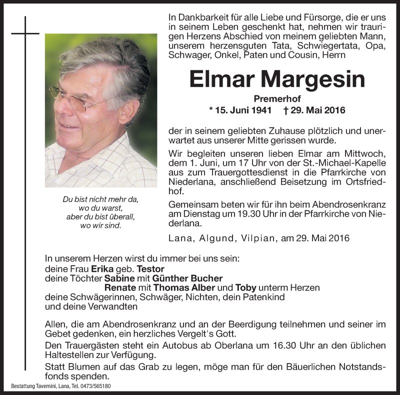  Traueranzeige für Elmar Margesin vom 31.05.2016 aus Dolomiten