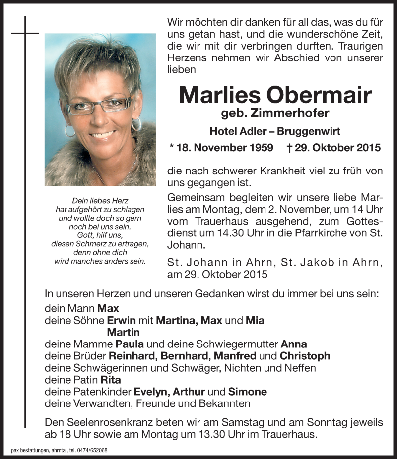  Traueranzeige für Marlies Obermair vom 31.10.2015 aus Dolomiten