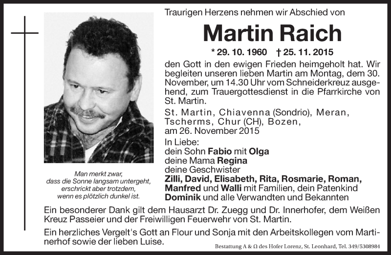  Traueranzeige für Martin Raich vom 30.11.2015 aus Dolomiten