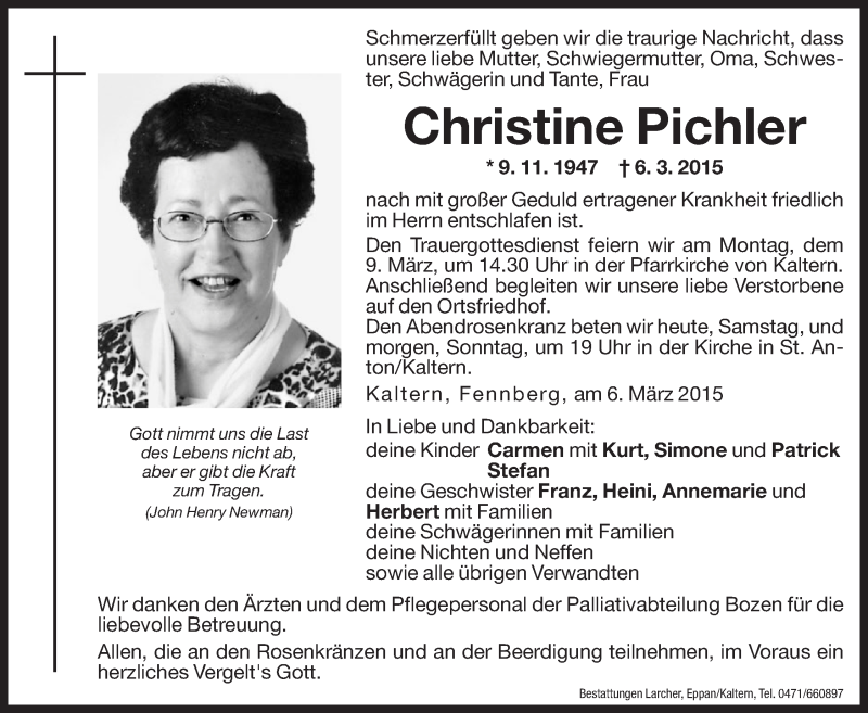  Traueranzeige für Christine Pichler vom 07.03.2015 aus Dolomiten