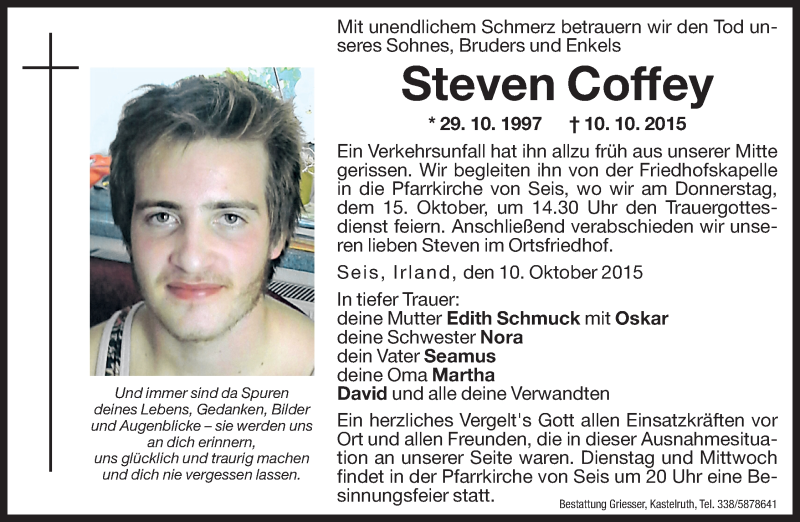  Traueranzeige für Steven Coffey vom 13.10.2015 aus Dolomiten