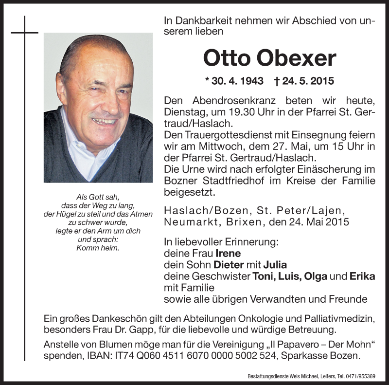  Traueranzeige für Otto Obexer vom 26.05.2015 aus Dolomiten