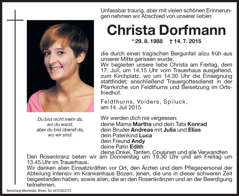  Traueranzeige für Christa Dorfmann vom 16.07.2015 aus Dolomiten
