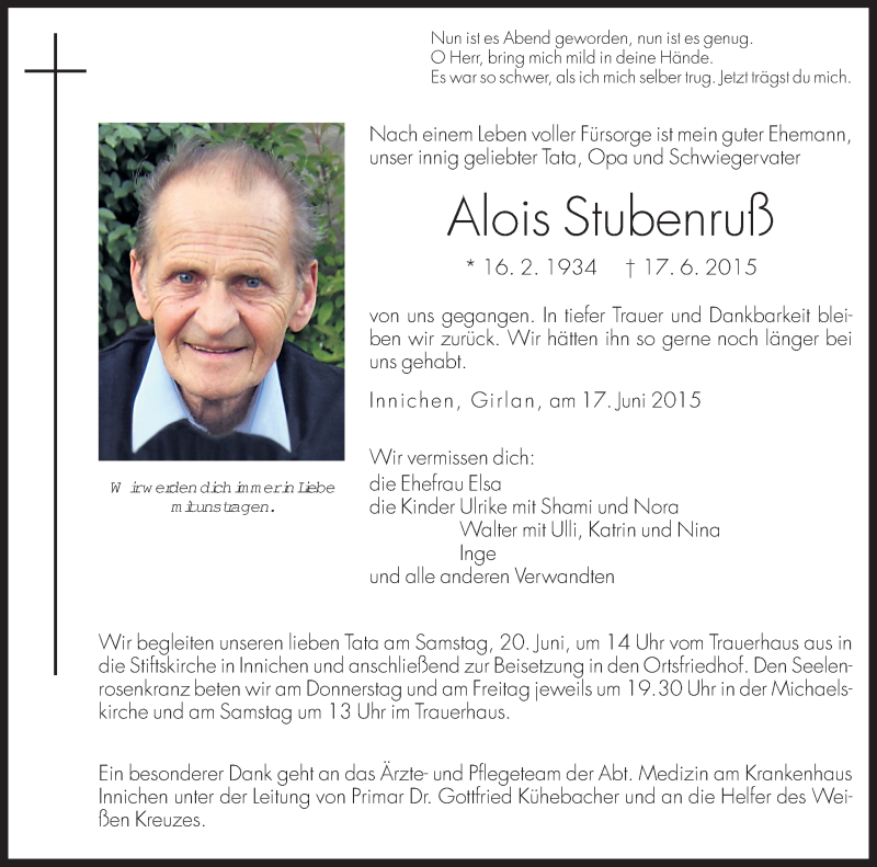  Traueranzeige für Alois Stubenruß vom 18.06.2015 aus Dolomiten