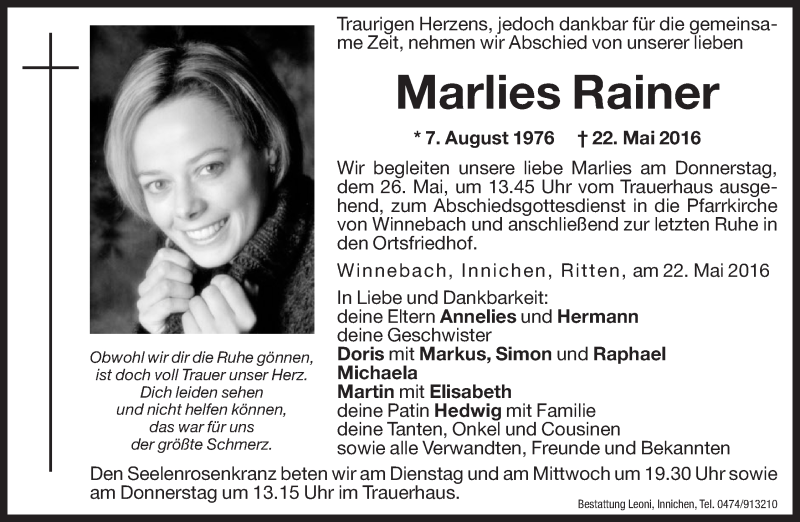  Traueranzeige für Marlies Rainer vom 24.05.2016 aus Dolomiten
