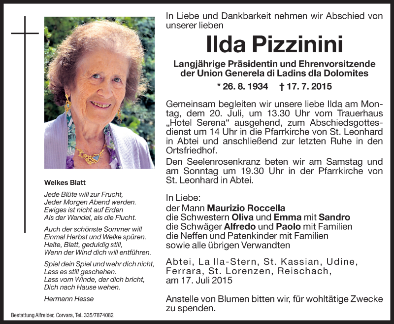  Traueranzeige für Ilda Pizzinini vom 18.07.2015 aus Dolomiten