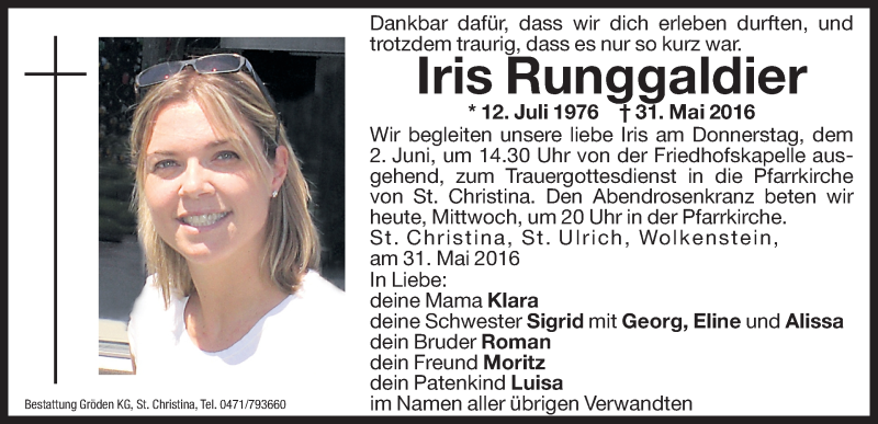  Traueranzeige für Iris Runggaldier vom 01.06.2016 aus Dolomiten