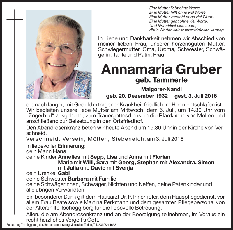  Traueranzeige für Annamaria Gruber vom 05.07.2016 aus Dolomiten