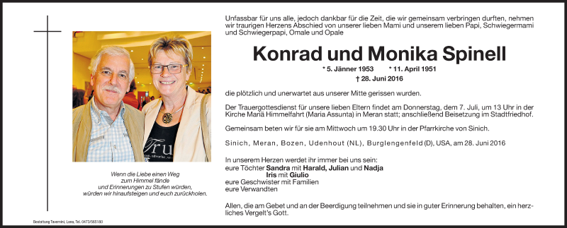  Traueranzeige für Monika Spinell vom 02.07.2016 aus Dolomiten