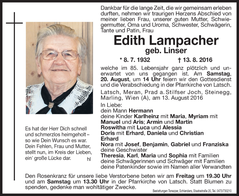  Traueranzeige für Edith Lampacher vom 19.08.2016 aus Dolomiten