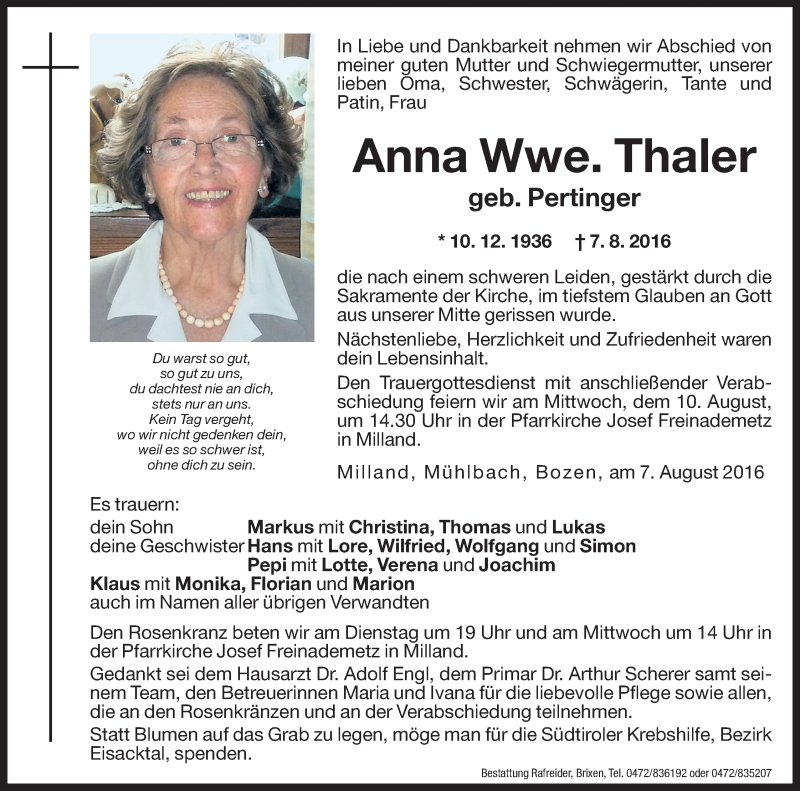  Traueranzeige für Anna Thaler vom 09.08.2016 aus Dolomiten