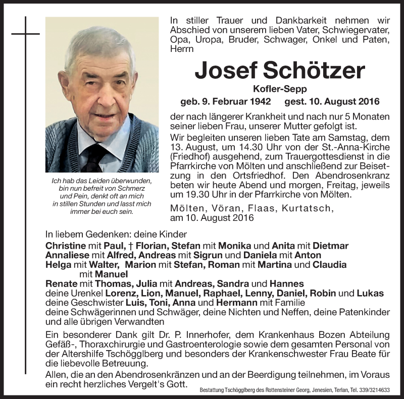  Traueranzeige für Josef Schötzer vom 11.08.2016 aus Dolomiten