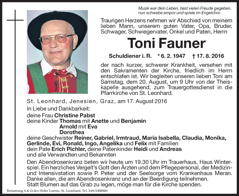  Traueranzeige für Toni Fauner vom 19.08.2016 aus Dolomiten
