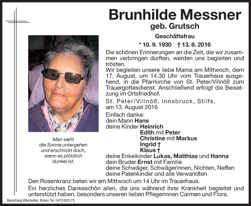  Traueranzeige für Brunhilde Messner vom 17.08.2016 aus Dolomiten