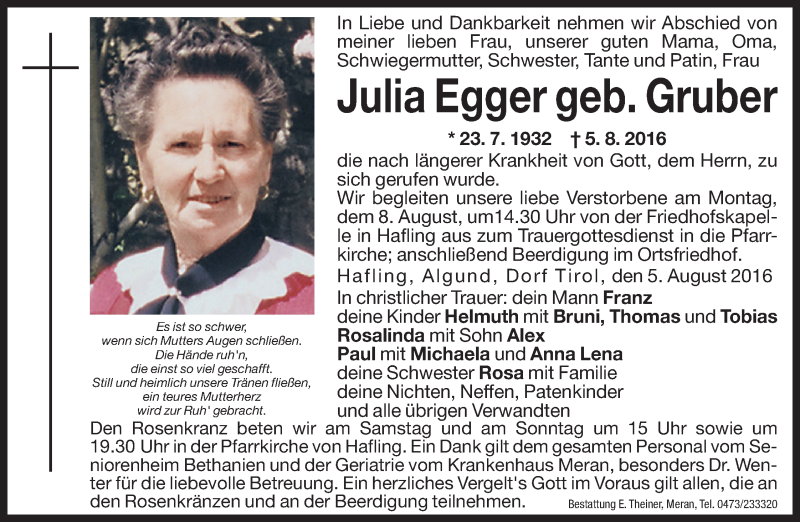  Traueranzeige für Julia Egger vom 06.08.2016 aus Dolomiten