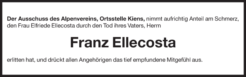  Traueranzeige für Franz Ellecosta vom 17.08.2016 aus Dolomiten