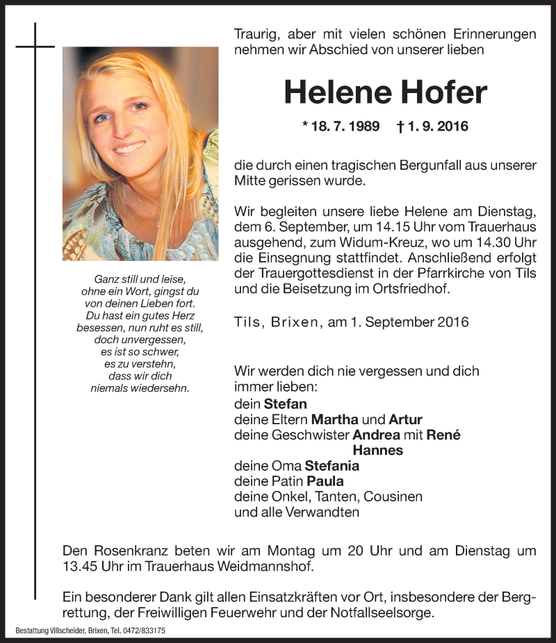  Traueranzeige für Helene Hofer vom 05.09.2016 aus Dolomiten