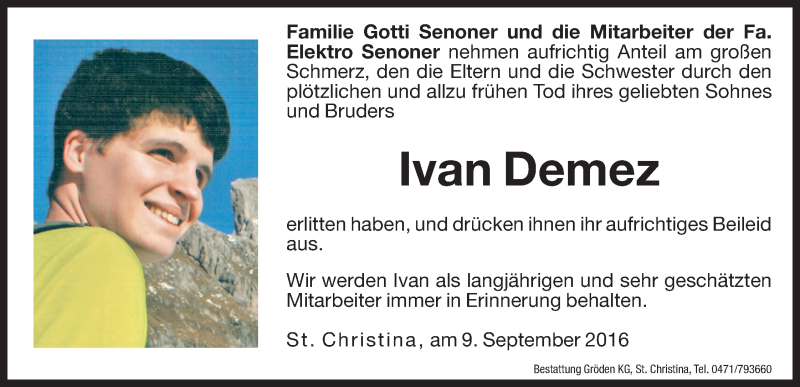  Traueranzeige für Ivan Demez vom 12.09.2016 aus Dolomiten