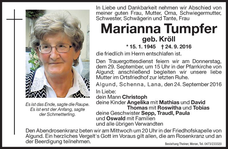  Traueranzeige für Marianna Tumpfer vom 27.09.2016 aus Dolomiten
