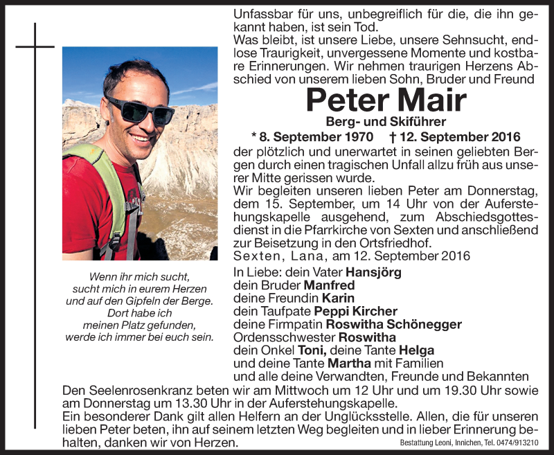  Traueranzeige für Peter Mair vom 14.09.2016 aus Dolomiten