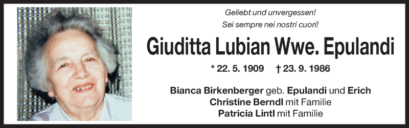 Traueranzeige für Giuditta Epulandi vom 23.09.2016 aus Dolomiten