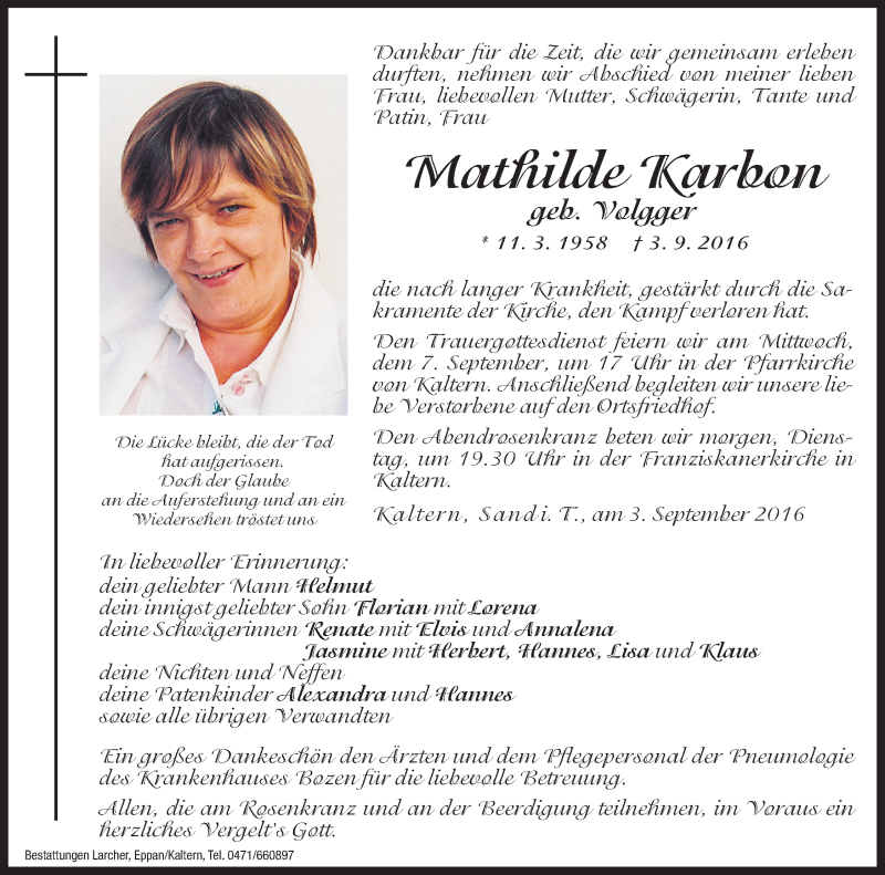  Traueranzeige für Mathilde Karbon vom 05.09.2016 aus Dolomiten