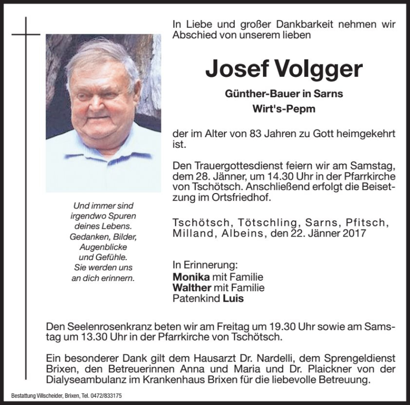  Traueranzeige für Josef Volgger vom 27.01.2017 aus Dolomiten