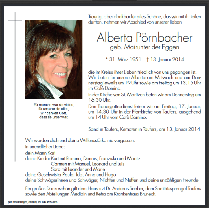  Traueranzeige für Alberta Pörnbacher vom 15.01.2014 aus Dolomiten