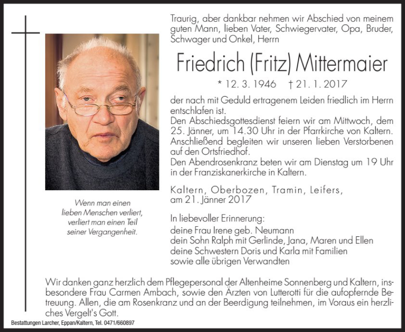  Traueranzeige für Friedrich Mittermaier vom 23.01.2017 aus Dolomiten
