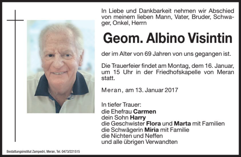  Traueranzeige für Albino Visintin vom 14.01.2017 aus Dolomiten