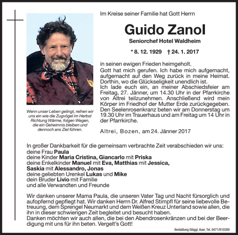  Traueranzeige für Guido Zanol vom 26.01.2017 aus Dolomiten