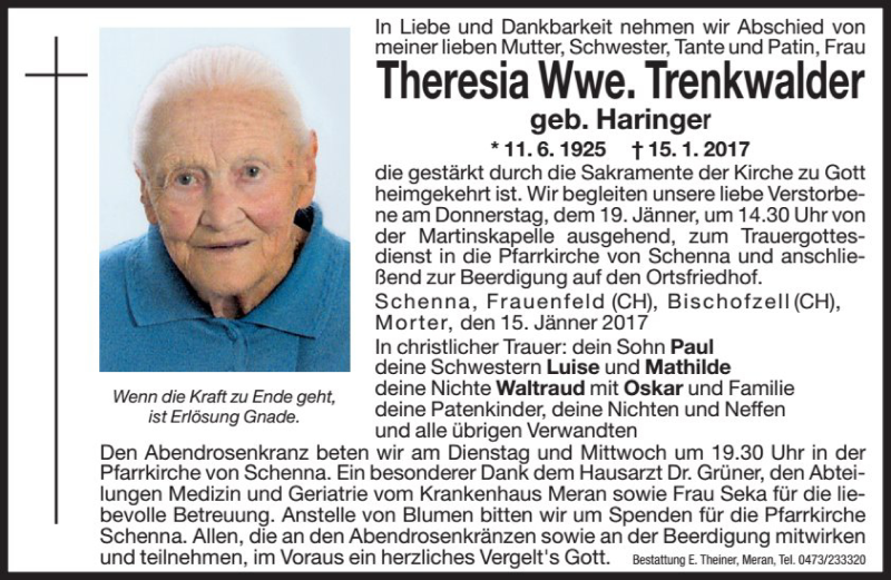  Traueranzeige für Theresia Trenkwalder vom 17.01.2017 aus Dolomiten
