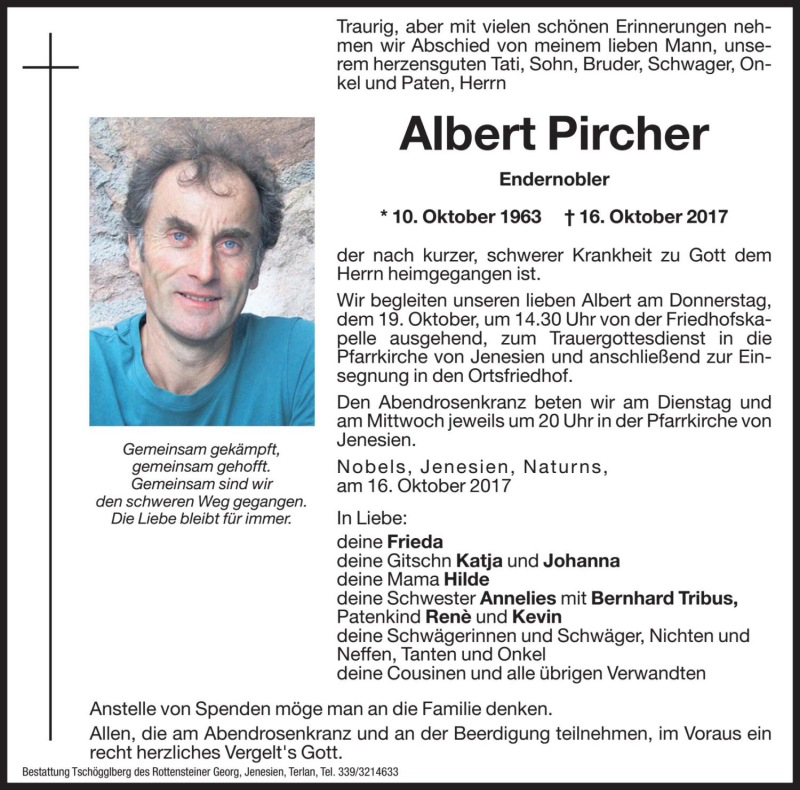  Traueranzeige für Albert Pircher vom 17.10.2017 aus Dolomiten